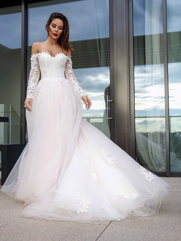 Sleeves Applique Long Tulle Off-the-Shoulder Court A-Line/Princess Train Wedding Dresses