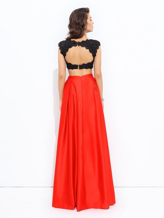 Scoop Lace A-line/Princess Long Satin Sleeveless Two Piece Dresses