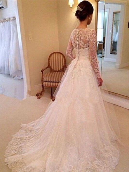 Sleeves Ball Lace Train Gown V-neck Long Court Tulle Wedding Dresses