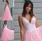 Tulle V-neck Applique A-Line/Princess Sleeveless Floor-Length Dresses