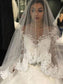 Scoop Cathedral Ball Sleeves Applique Long Gown Lace Train Tulle Wedding Dresses