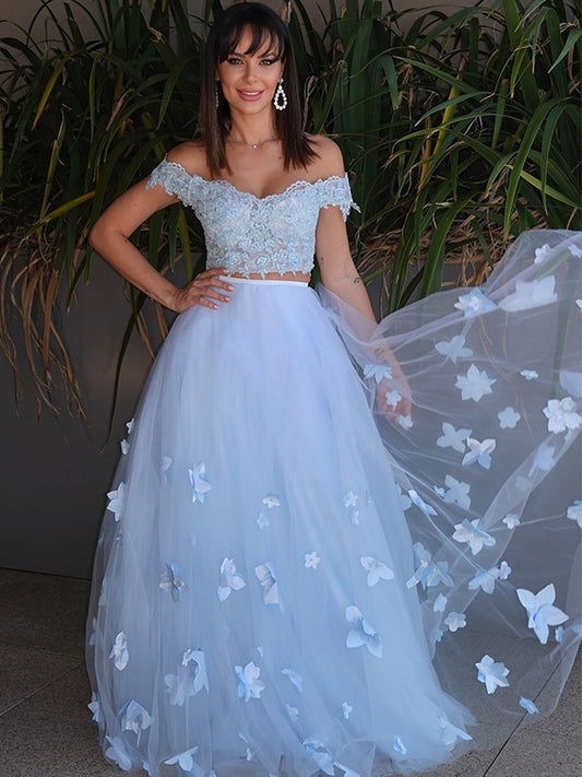 Off-the-Shoulder Sleeveless Floor-Length A-Line/Princess Tulle Applique Two Piece Dresses
