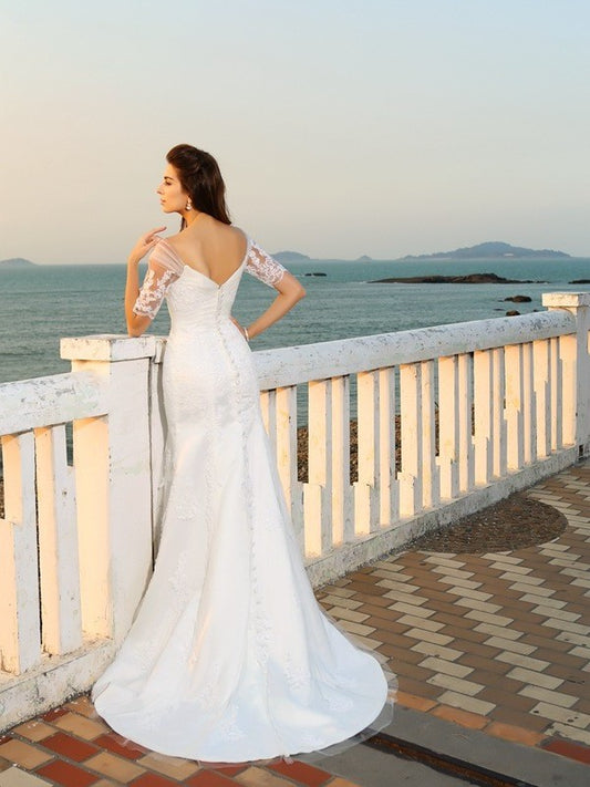 Long Sweetheart Short Applique Sleeves Sheath/Column Satin Beach Wedding Dresses