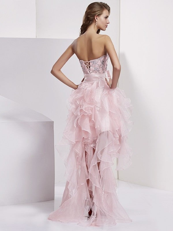 High Low Beading A-Line/Princess Sleeveless Strapless Organza Homecoming Dresses
