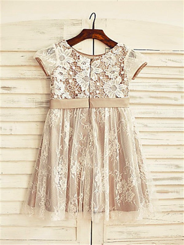 Lace A-line/Princess Hand-made Flower Short Tea-Length Sleeves Scoop Flower Girl Dresses