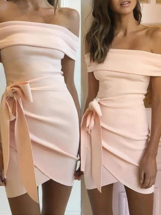 Crepe Sash/Ribbon/Belt Off-the-Shoulder Sheath/Column Sleeveless Stretch Short/Mini Homecoming Dresses