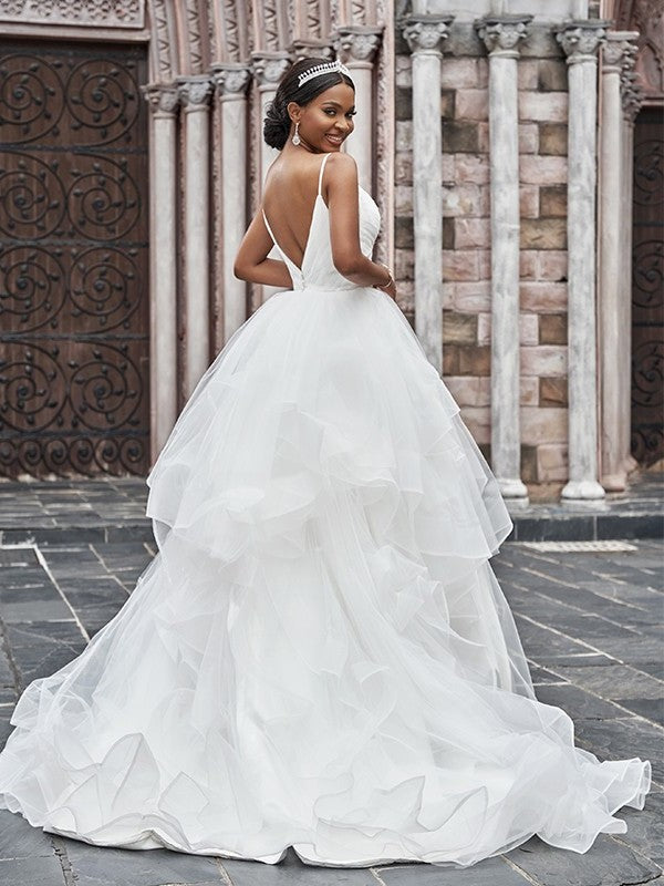 Sleeveless Straps A-Line/Princess Spaghetti Sweep/Brush Ruffles Tulle Train Wedding Dresses