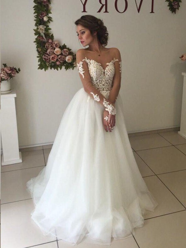 Long Off-the-Shoulder A-Line/Princess Tulle Train Sweep/Brush Sleeves Wedding Dresses