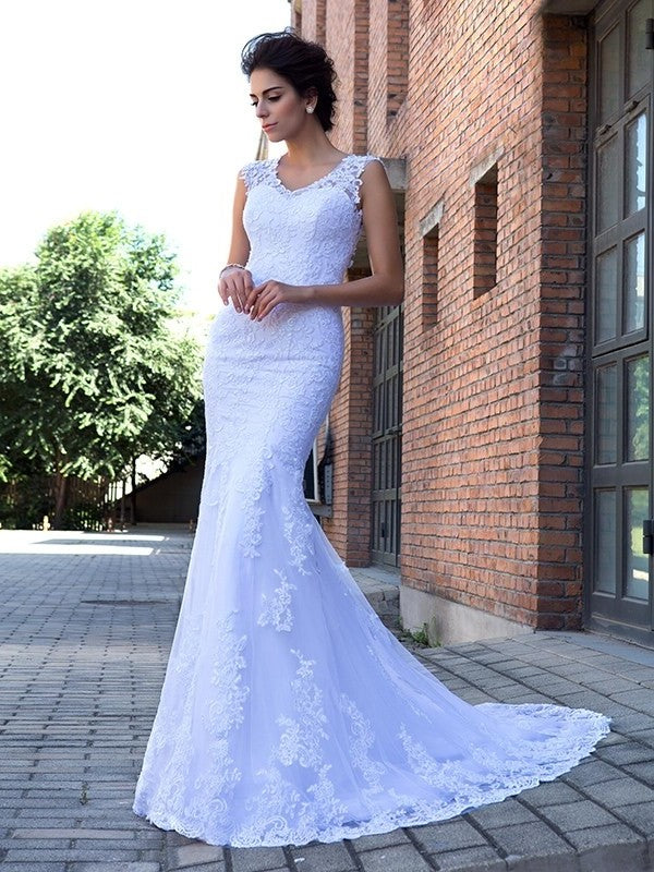 Long Trumpet/Mermaid V-neck Sleeveless Applique Satin Wedding Dresses