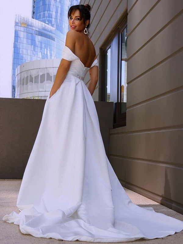 Sweep/Brush Off-the-Shoulder Sleeveless A-Line/Princess Satin Ruched Train Wedding Dresses