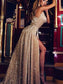 A-Line/Princess Sleeveless Train Sweep/Brush V-neck Ruffles Sequins Dresses