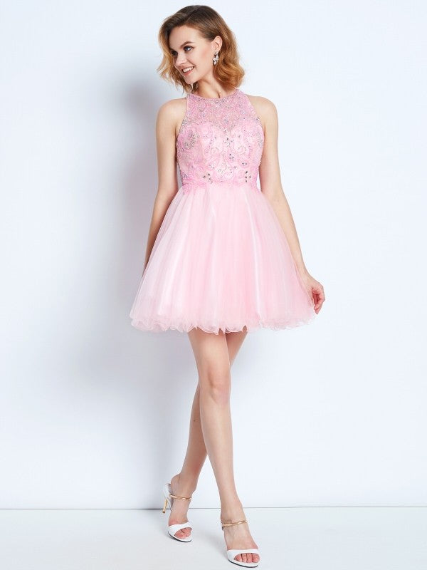 A-line/Princess Sleeveless Jewel Short/Mini Lisa Net Ruffles Dresses Homecoming Dresses