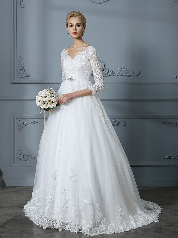 3/4 Lace V-neck Court Train Ball Gown Sleeves Tulle Wedding Dresses
