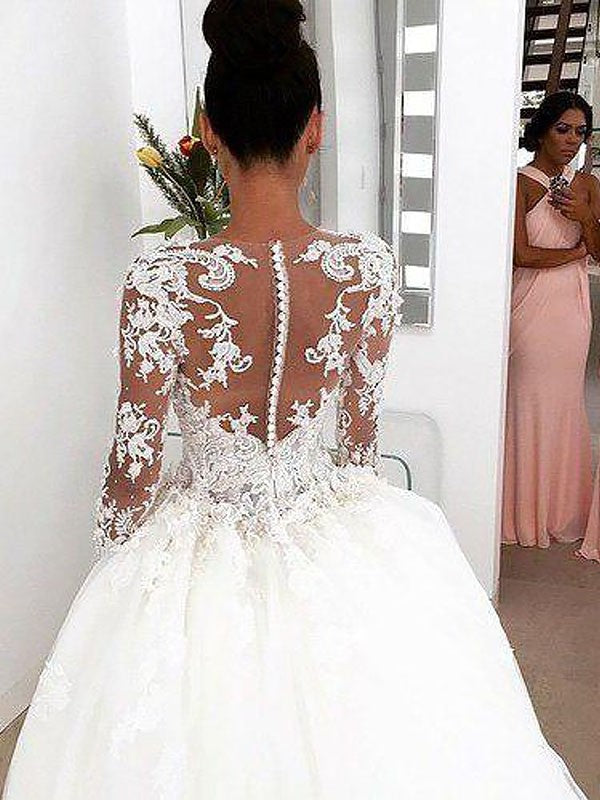 Court Train Sleeves Gown Scoop Long Ball Lace Wedding Dresses