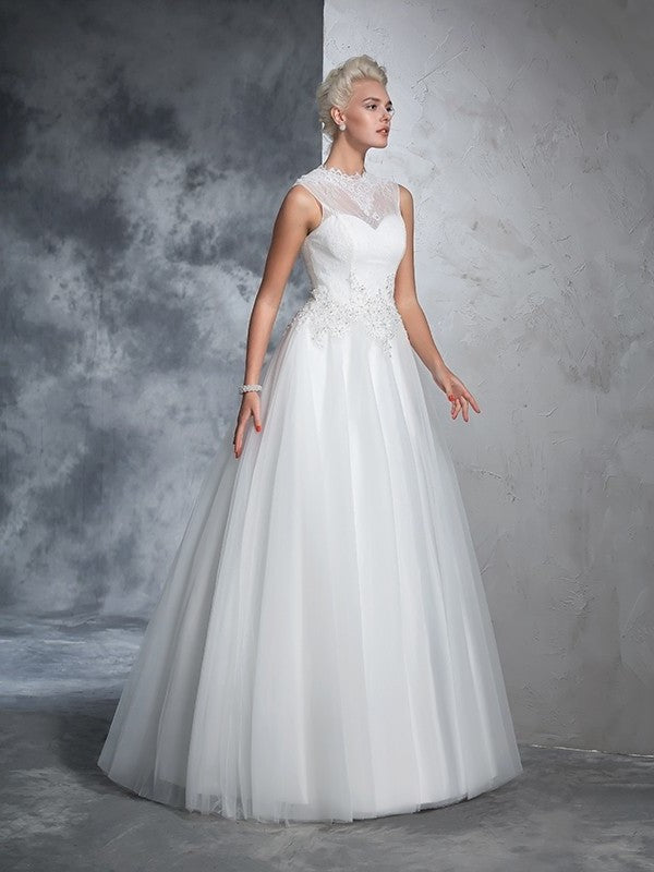Sleeveless Long Neck Applique High Gown Ball Net Wedding Dresses