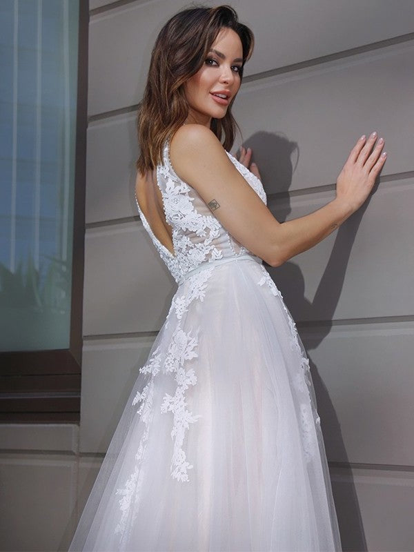 Tulle A-Line/Princess Sweep/Brush Applique Sleeveless V-neck Train Wedding Dresses