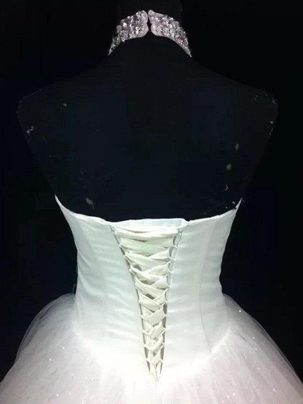 Halter Ball Floor-Length Sleeveless Gown Sequin Beading Tulle Wedding Dresses