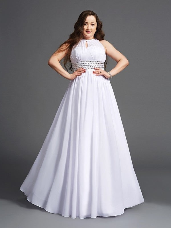 Jewel A-Line/Princess Long Beading Sleeveless Chiffon Plus Size Dresses