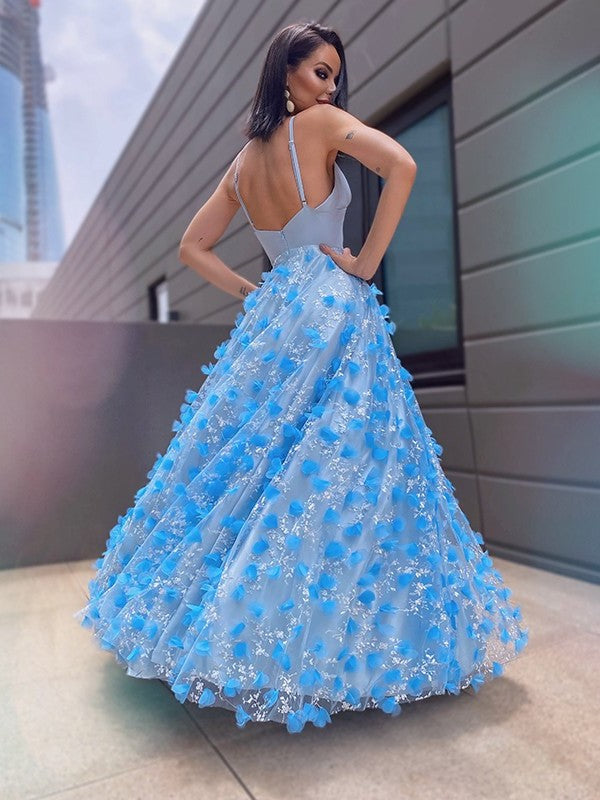 A-Line/Princess V-neck Applique Tulle Floor-Length Sleeveless Dresses