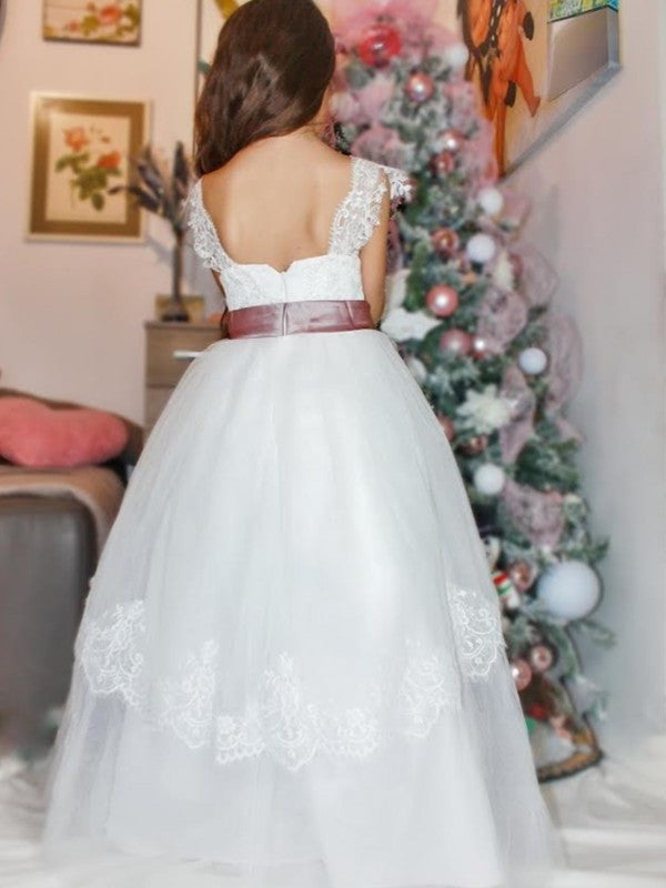 Floor-Length Sash/Ribbon/Belt Straps Tulle A-Line/Princess Sleeveless Junior/Girls Bridesmaid Dresses
