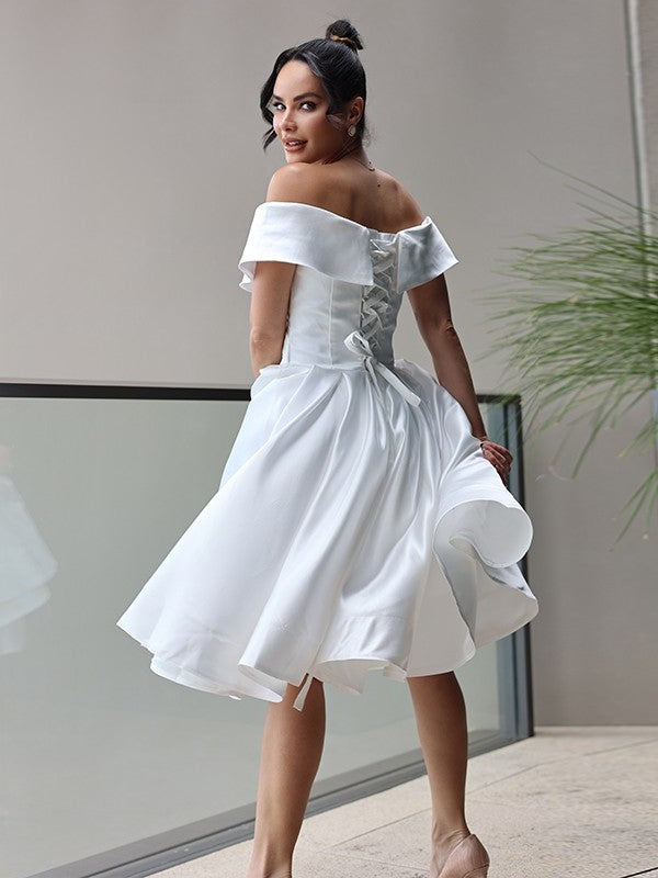 Satin Off-the-Shoulder Sleeveless Ruffles A-Line/Princess Knee-Length Wedding Dresses