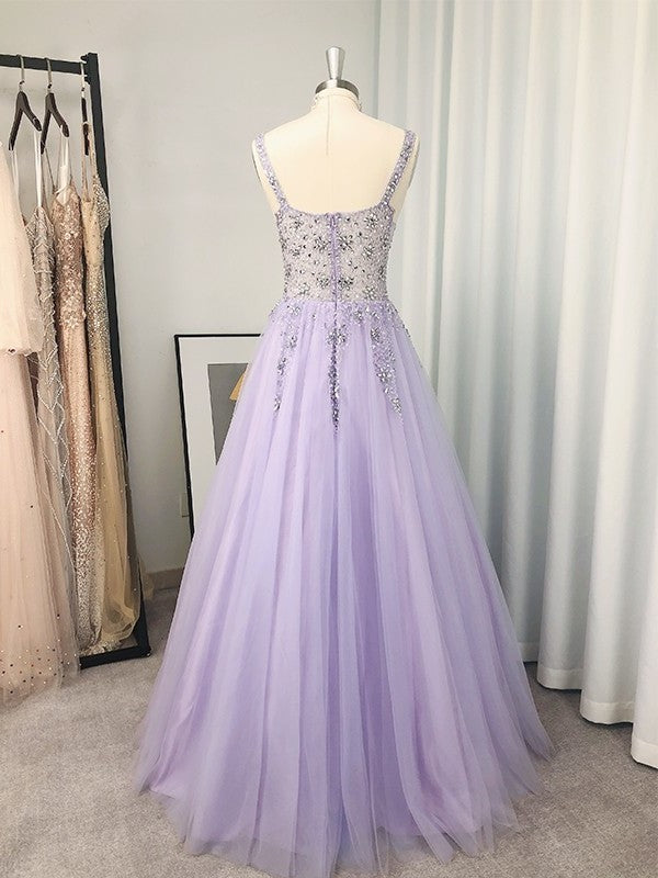 Tulle V-neck Beading A-Line/Princess Sleeveless Floor-Length Dresses