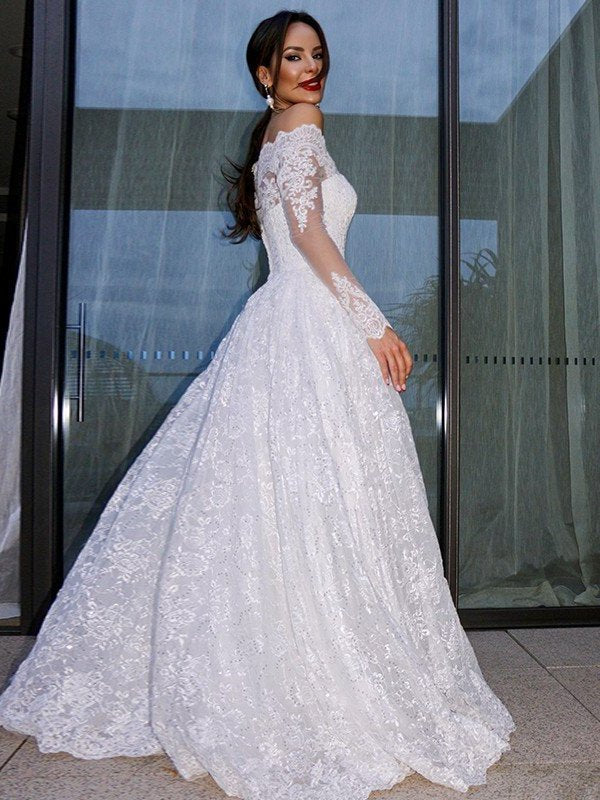 Bateau Sleeves Gown Lace Ball Long Floor-Length Wedding Dresses
