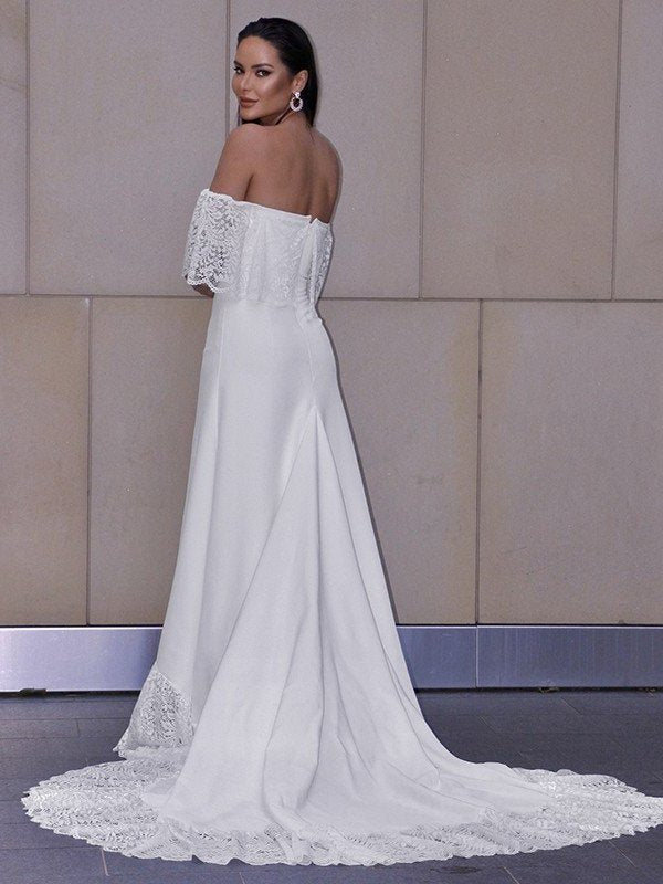 Off-the-Shoulder Ruffles Sweep/Brush Short Lace Sheath/Column Sleeves Train Wedding Dresses