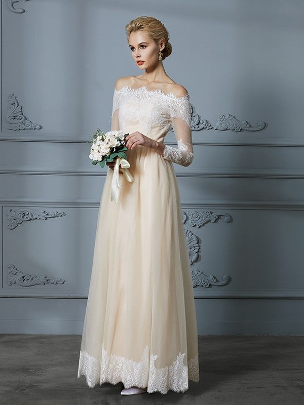 Lace A-Line/Princess Floor-Length Sleeves Off-the-Shoulder Long Tulle Wedding Dresses