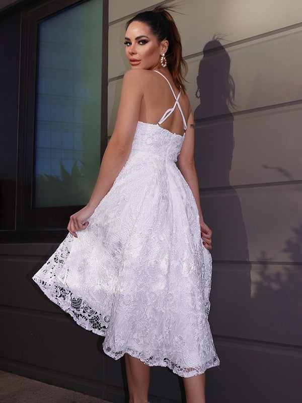 Ruffles Sweetheart A-Line/Princess Sleeveless Lace Asymmetrical Homecoming Dresses