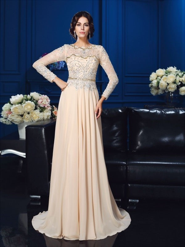 Scoop Mother Long A-Line/Princess Chiffon of Sleeves Long Beading the Bride Dresses