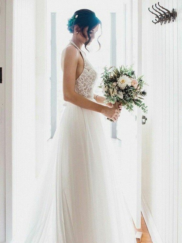 Halter Tulle A-Line/Princess Sleeveless Lace Floor-Length Wedding Dresses