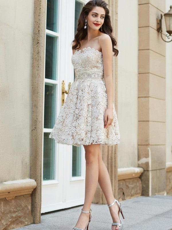 Sweetheart A-Line/Princess Sleeveless Rhinestone Short/Mini Lace Dresses