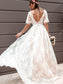 Sweep/Brush Lace V-neck Short Sleeves A-Line/Princess Sash/Ribbon/Belt Train Wedding Dresses