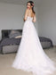 A-Line/Princess Sweep/Brush Applique V-neck Sleeveless Tulle Train Wedding Dresses