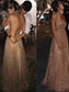 A-Line/Princess Tulle Paillette V-neck Floor-Length Sleeveless Dresses