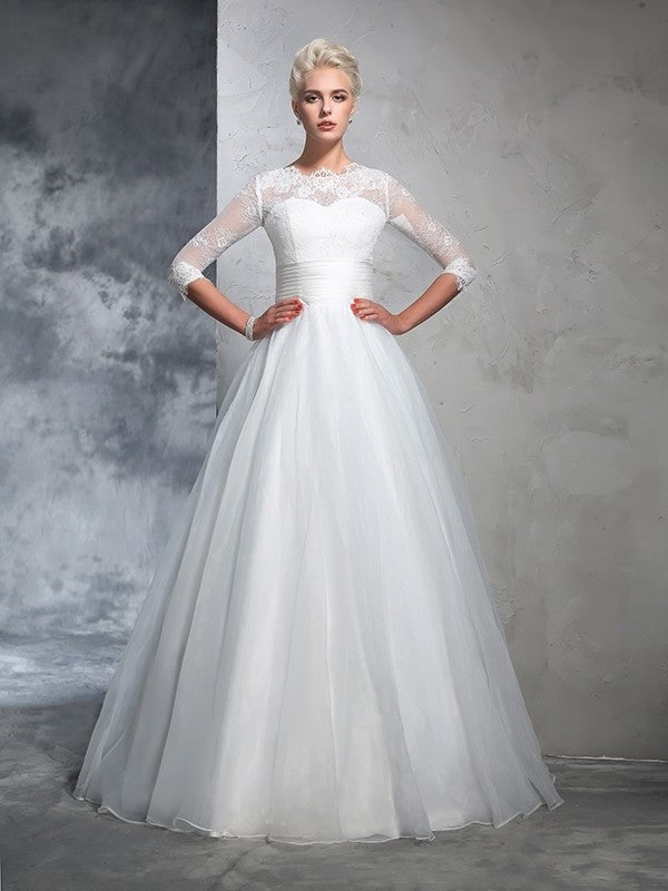 Sleeves Ball 3/4 Jewel Applique Long Gown Organza Wedding Dresses