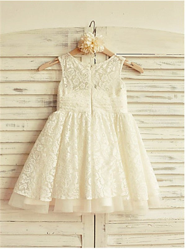 Sleeveless Lace Scoop Ruffles Tea-Length A-line/Princess Flower Girl Dresses