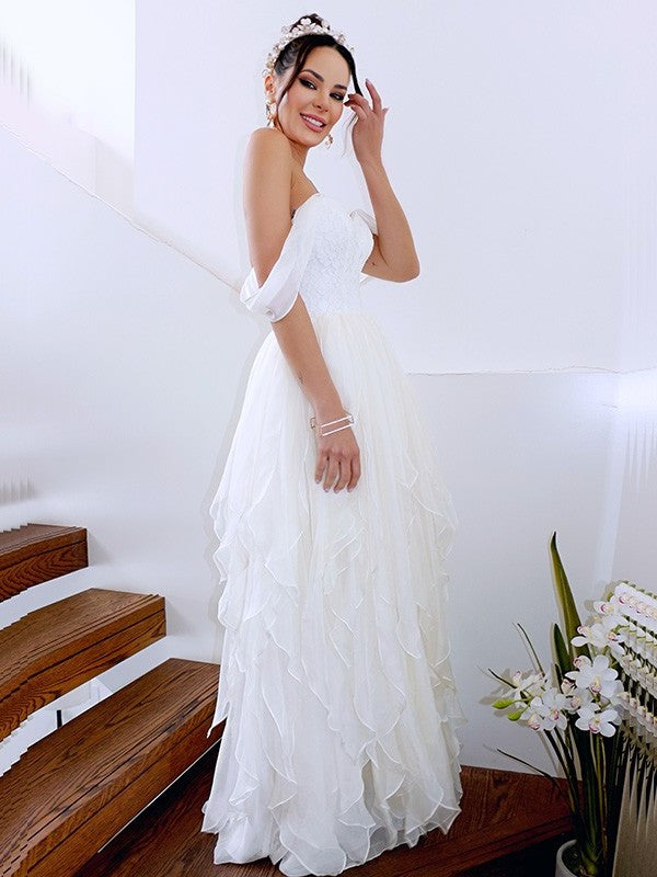 Off-the-Shoulder Sleeveless A-Line/Princess Ruched Chiffon Floor-Length Wedding Dresses