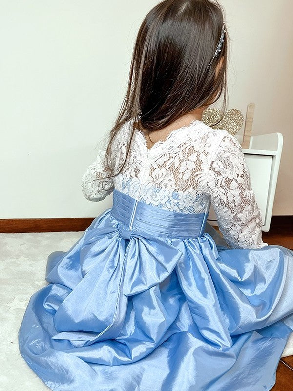 Taffeta A-Line/Princess Scoop Sleeves Lace 3/4 Knee-Length Flower Girl Dresses