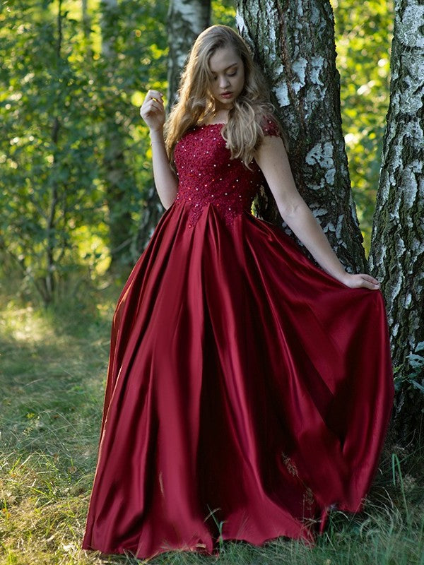 Floor-Length Gown Ball Off-the-Shoulder Sleeveless Applique Satin Dresses