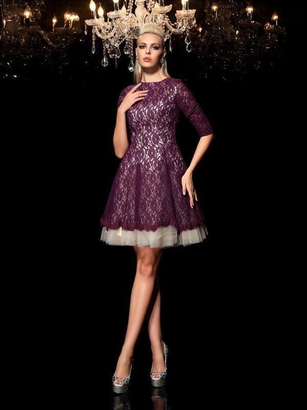 A-Line/Princess Sheer Neck Lace Homecoming Dresses 1/2 Sleeves Short Lace Cocktail Dresses Grace