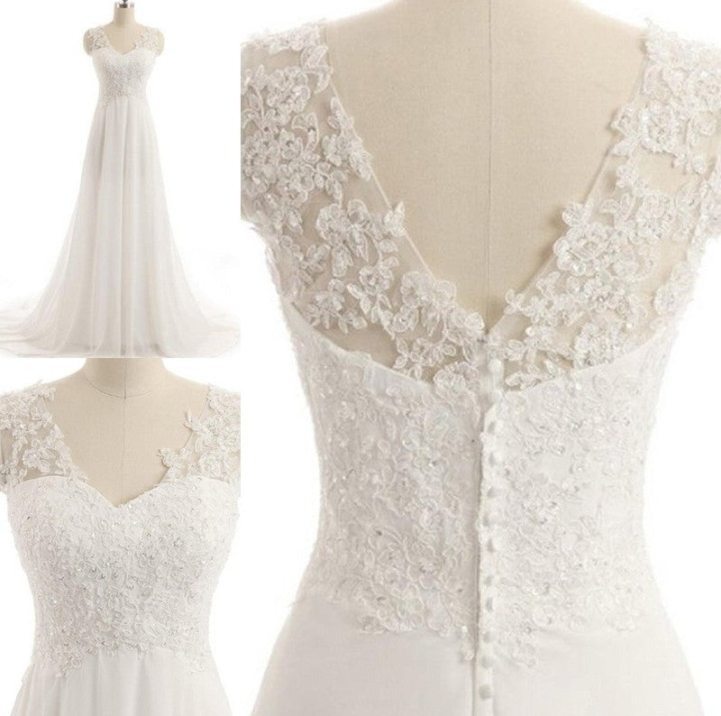 A-Line/Princess Sleeveless Train Sweep/Brush V-neck Lace Chiffon Wedding Dresses