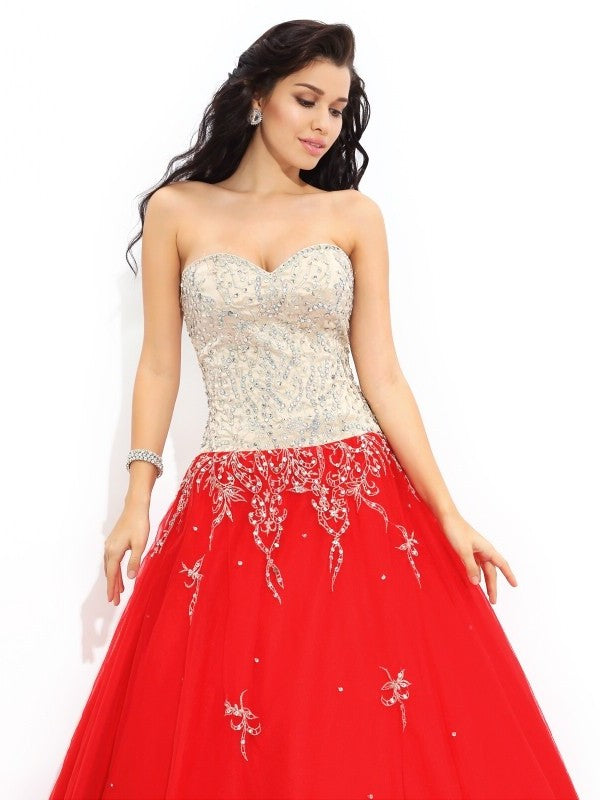 Sweetheart Long Gown Ball Beading Sleeveless Satin Quinceanera Dresses