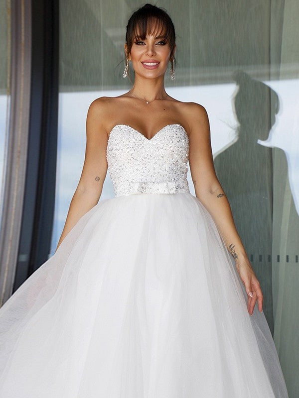 Gown Sleeveless Tulle Ball Sweetheart Bowknot Floor-Length Wedding Dresses