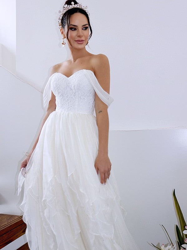 Off-the-Shoulder Sleeveless A-Line/Princess Ruched Chiffon Floor-Length Wedding Dresses