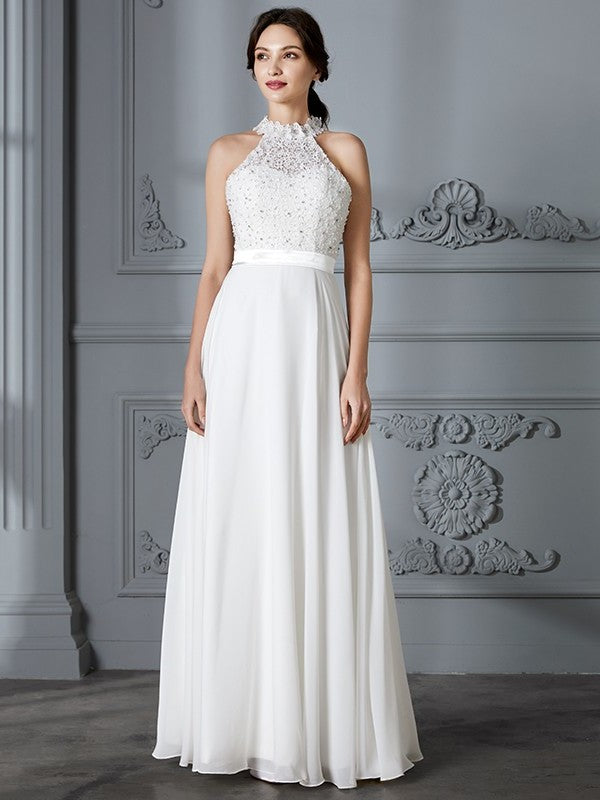 A-Line/Princess Sleeveless Scoop Floor-Length Chiffon Wedding Dresses