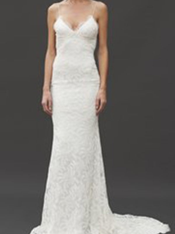 V-neck Straps Court Train Sleeveless Sheath/Column Spaghetti Lace Wedding Dresses