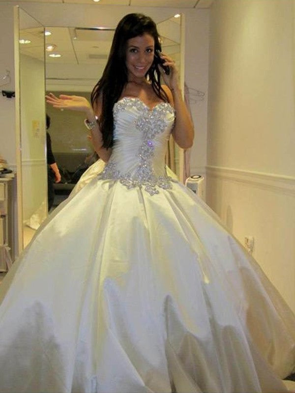 Satin Cathedral Ruffles Sleeveless Ball Gown Sweetheart Train Wedding Dresses