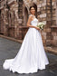 Satin Straps Sleeveless A-Line/Princess Sweep/Brush Ruffles Train Wedding Dresses